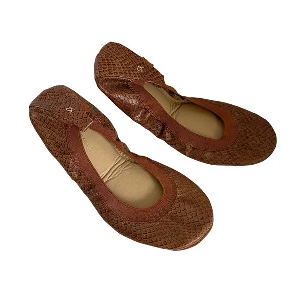 Yosi Samra Ballet Flats Tan Leather Snakeskin Print Women's Size 7 Foldable - Picture 3 of 7